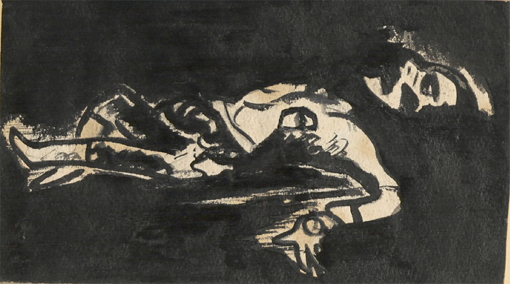 Auf dieser Zeichnung meines Vaters Michail Lwowitsch Werzhbinskiy ist ein gefallener Soldat dargestellt