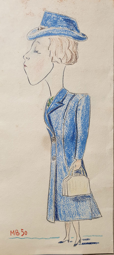 Freundliche Karikatur von meiner Mutter, gezeichnet vom Vater, wie sie nach Hause kommt, Papier Buntstifte 1950