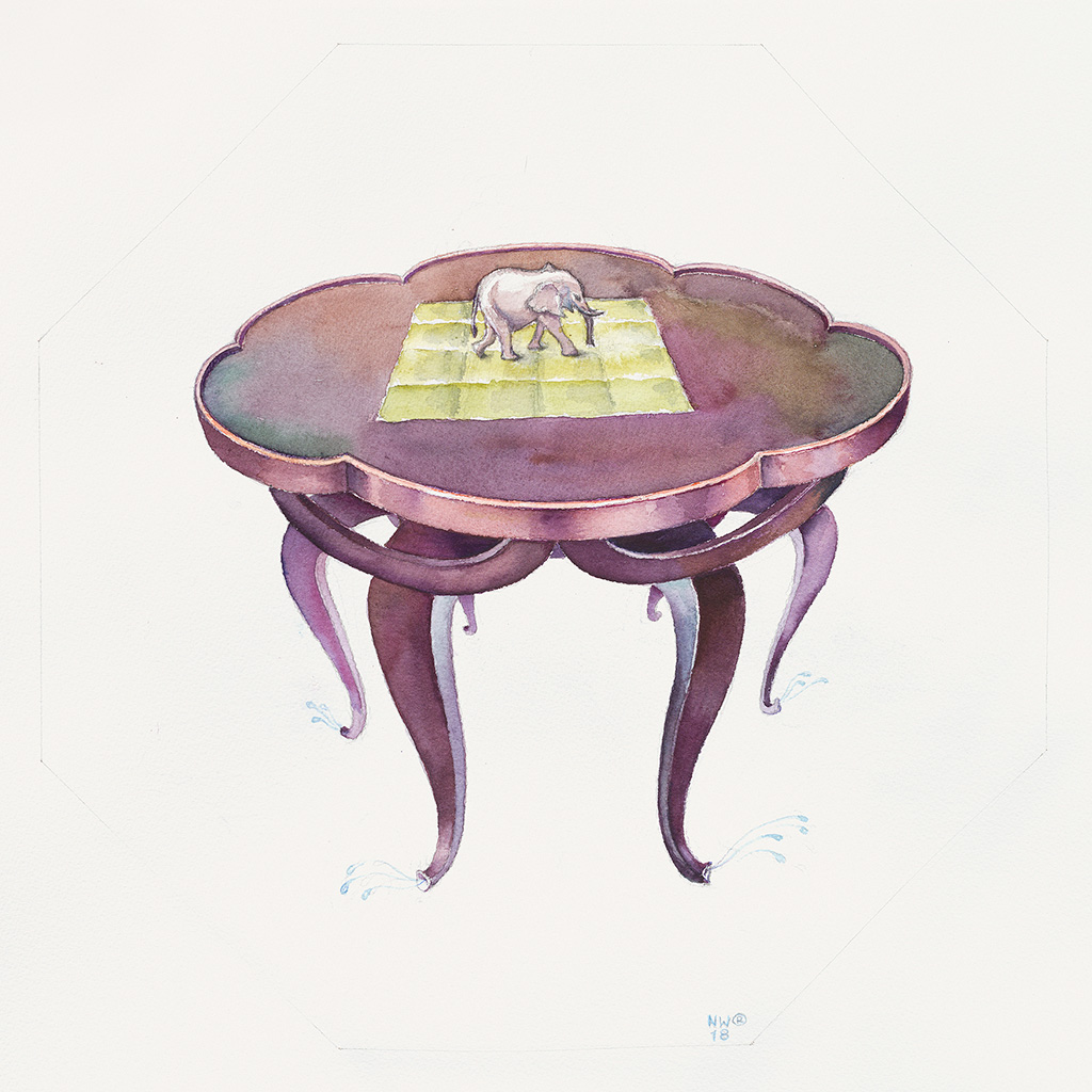 2018, акварель,бумага, 50 x 50 см, „Стол на слоновьих хоботах с шестью ногами и маленьким слоном на нём по эскизу Адольфа Лооса (1870-1930)“, Нина Вержбинская-Рабинович 2018, акварель,бумага, 50 x 50 см, „Стол на слоновьих хоботах с шестью ногами и маленьким слоном на нём по эскизу Адольфа Лооса (1870-1930)“, Нина Вержбинская-Рабинович