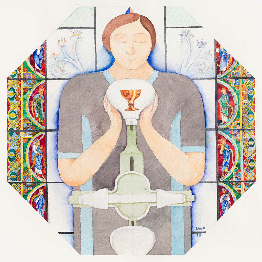 2018, бумага, акварель, карандаш, 50 х50 см, „Ортопедический автопортрет. Исцеление Святым Граалем“, Нина Вержбинская-Рабинович 2018, бумага, акварель, карандаш, 50 х50 см, „Ортопедический автопортрет. Исцеление Святым Граалем“, Нина Вержбинская-Рабинович