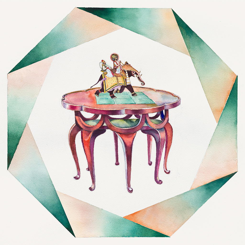 2018, бумага, акварель, 58 х 58 см, „Стол на слоновьих хоботах по эскизу Адольфа Лооса (1870-1930): Верхом на слоне“, Нина Вержбинская-Рабинович 2018, бумага, акварель, 58 х 58 см, „Стол на слоновьих хоботах по эскизу Адольфа Лооса (1870-1930): Верхом на слоне“, Нина Вержбинская-Рабинович
