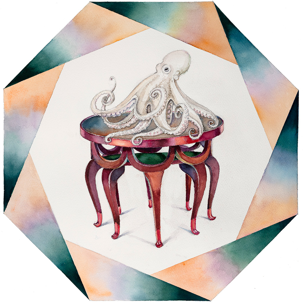 2018, бумага, акварель, карандаш, 58 х 58 см, „Стол на слоновьих хоботах по эскизу Адольфа Лооса (1870-1930): Осьминог в восьмиугольнике“, Нина Вержбинская-Рабинович 2018, бумага, акварель, карандаш, 58 х 58 см, „Стол на слоновьих хоботах по эскизу Адольфа Лооса (1870-1930): Осьминог в восьмиугольнике“, Нина Вержбинская-Рабинович