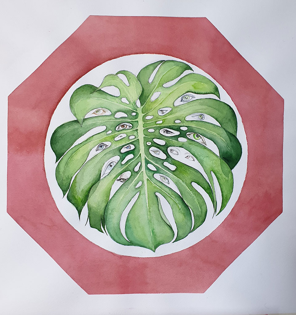 2019, Aquarell über Bleistift auf Papier, 60 x 60 cm, “Ein Blatt namens Argus”, Nina Werzbinskaja-Rabinowich 2019, Aquarell über Bleistift auf Papier, 60 x 60 cm, “Ein Blatt namens Argus”, Nina Werzbinskaja-Rabinowich