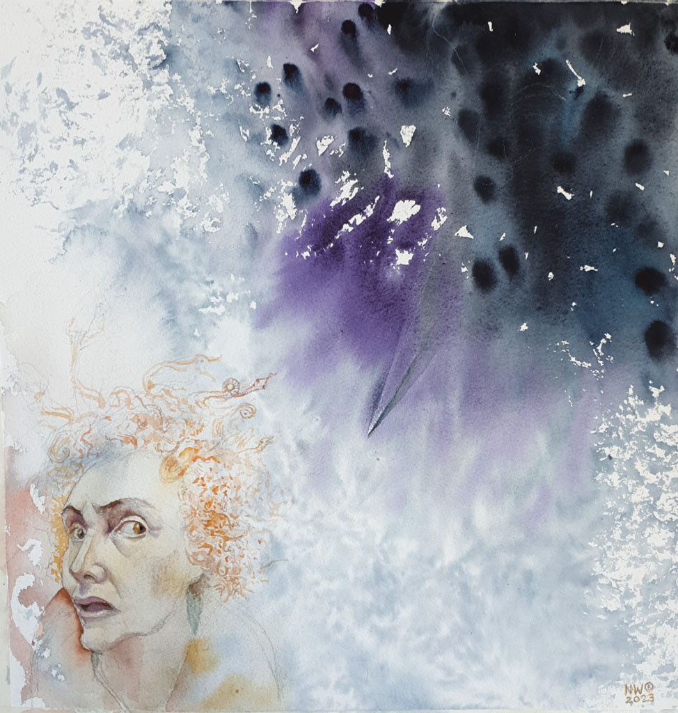 “Head of Medusa: reloaded. Imminent danger'  , Paper, watercolor, 44 x 44 cm, 2023, painter Nina Werzhbinskaja-Rabinowich