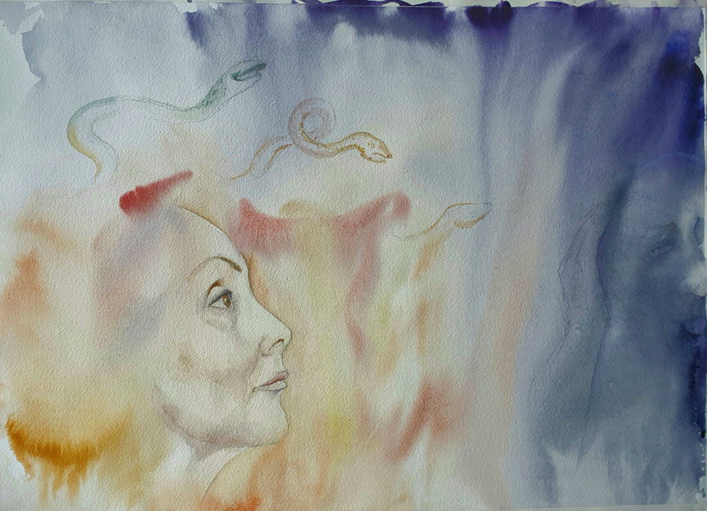 “Head of Medusa: reloud. Contraattack', paper, watercolor, 47 x 67 cm, 2023, painter Nina Werzhbinskaja-Rabinowich