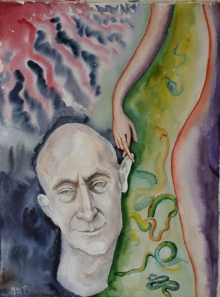 “Perseus wasn’t paying attention”, paper, watercolor, red chalk, 75 x 56 cm, 2023, painter Nina Werzhbinskaja-Rabinowich