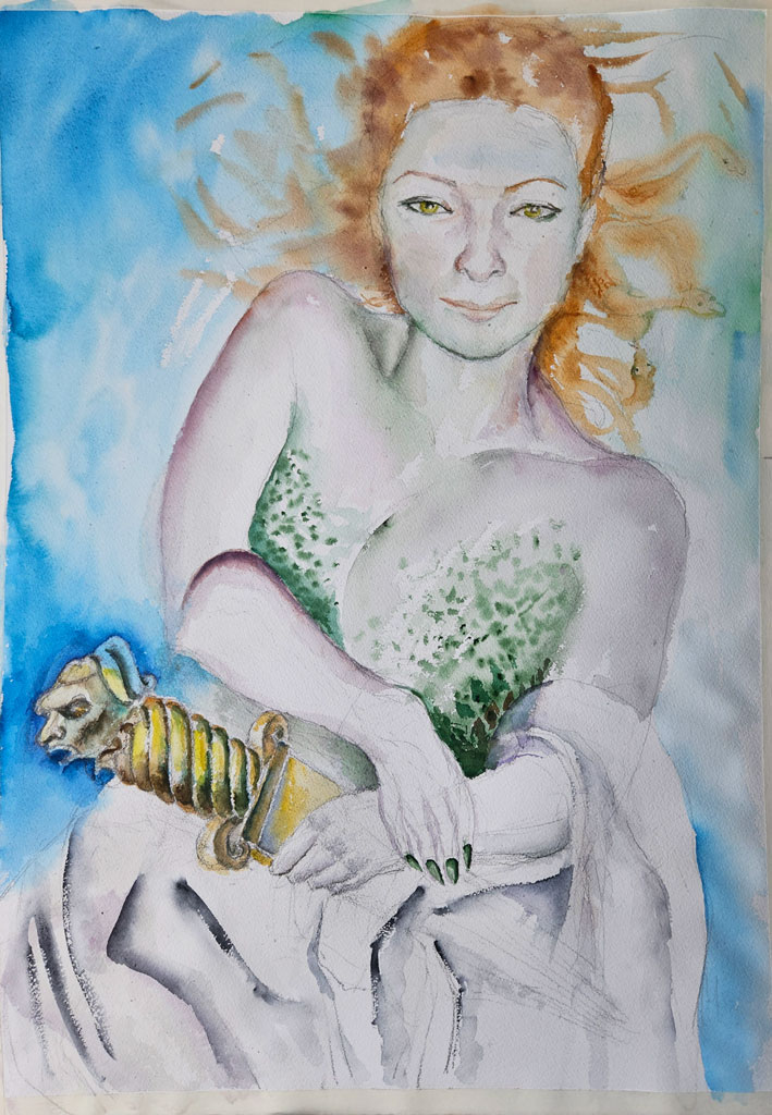 “Medusa, the Satisfied One”, paper, watercolor, 75 x 56 cm, 2023, painter Nina Werzhbinskaja-Rabinowich