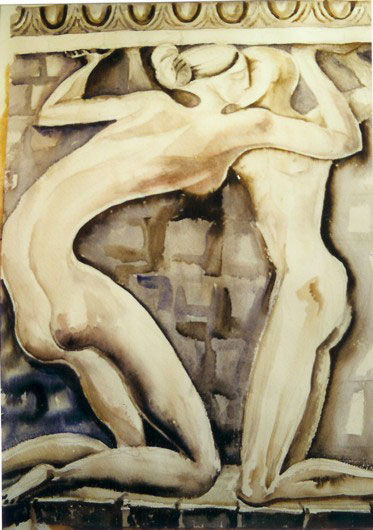 “Caryatid Kiss”, paper, watercolor, 70 x 50 cm, 1999, painter Nina Werzhbinskaja-Rabinowich